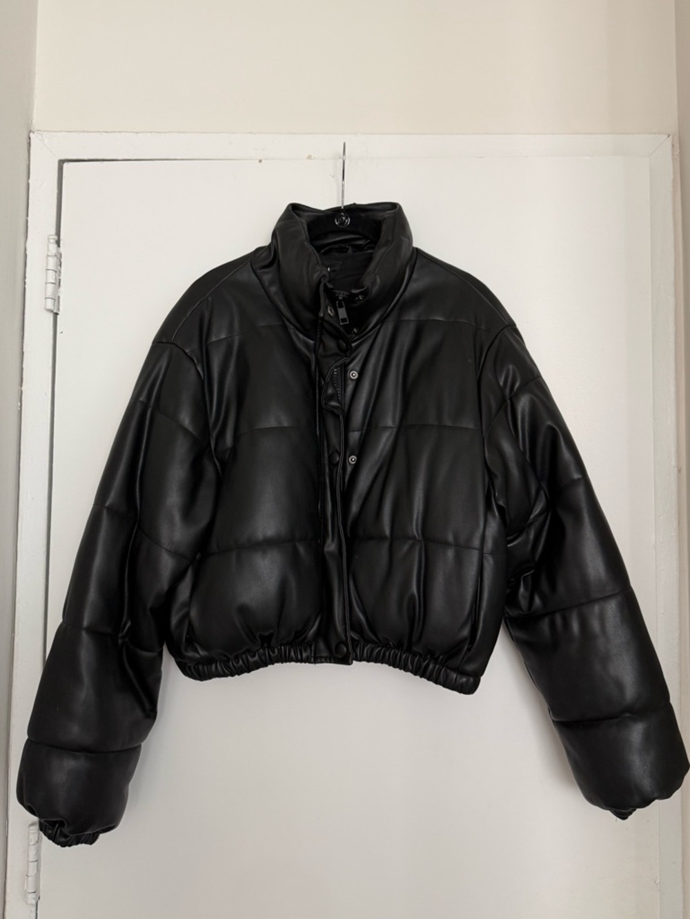Zara Black Faux Leather Cropped Puffer Jacket